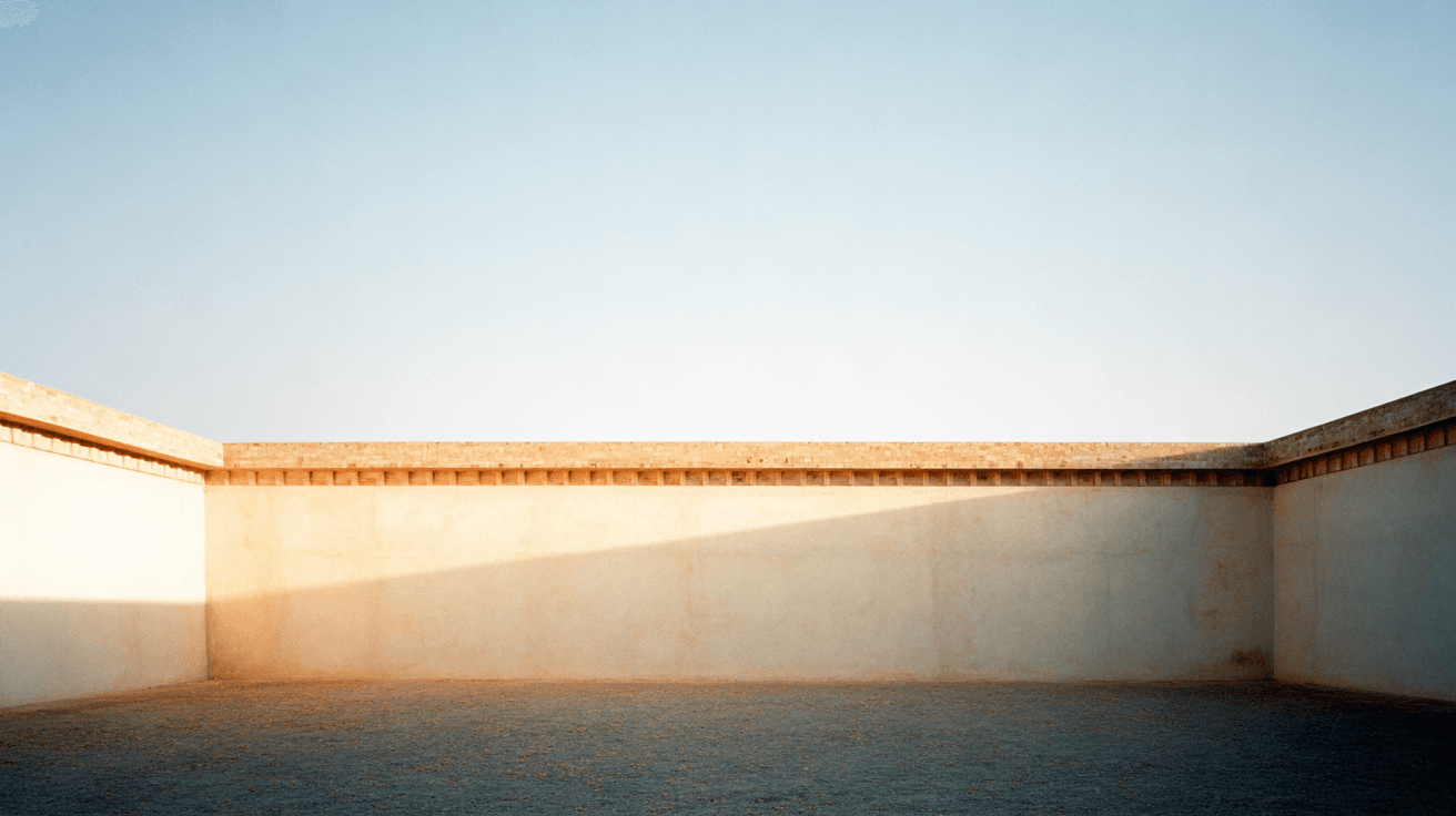 Generated image: an empty courtyard of chalk stucco walls with travertine caps under a pale sky